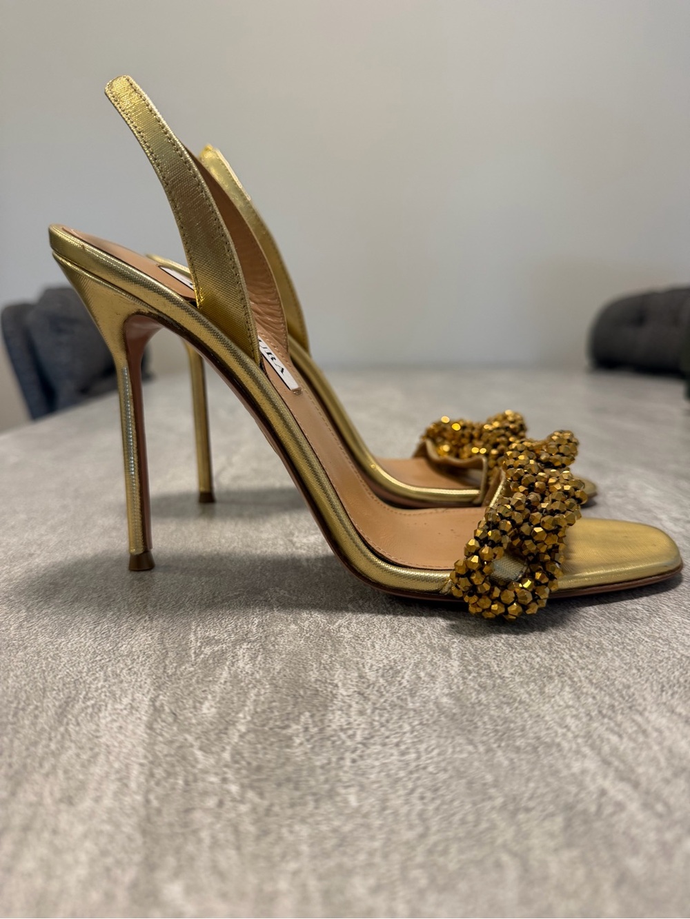 Aquazzura Metallic Gold Crystal-Embellished Slingback Heels - Picture 9 of 10